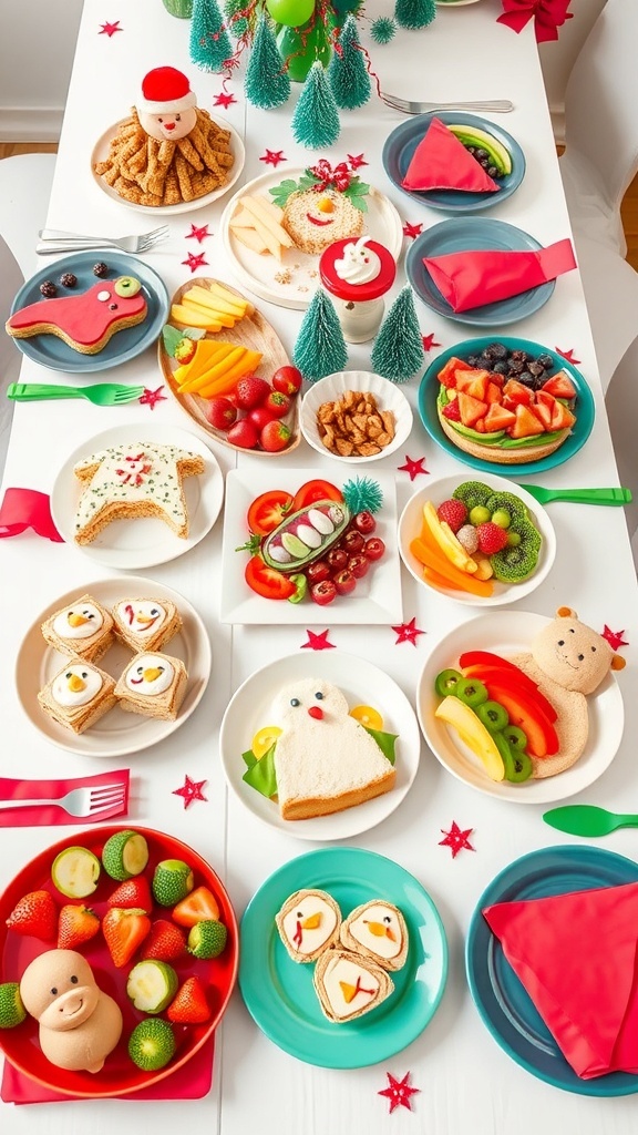 A festive Christmas lunch for kids with fun-shaped sandwiches, colorful fruits, and vegetables on a decorated table.